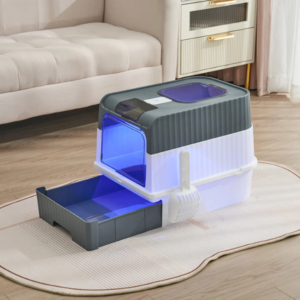arenero autolimpiable para gatos, con luz UV para desinfección