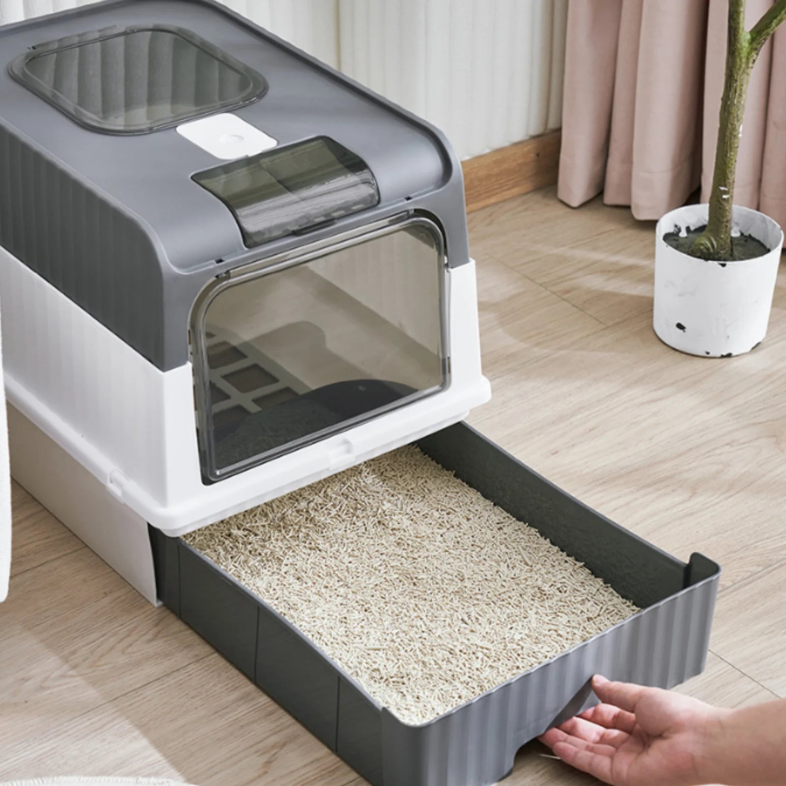 arenero autolimpiable para gatos, con luz UV para desinfección