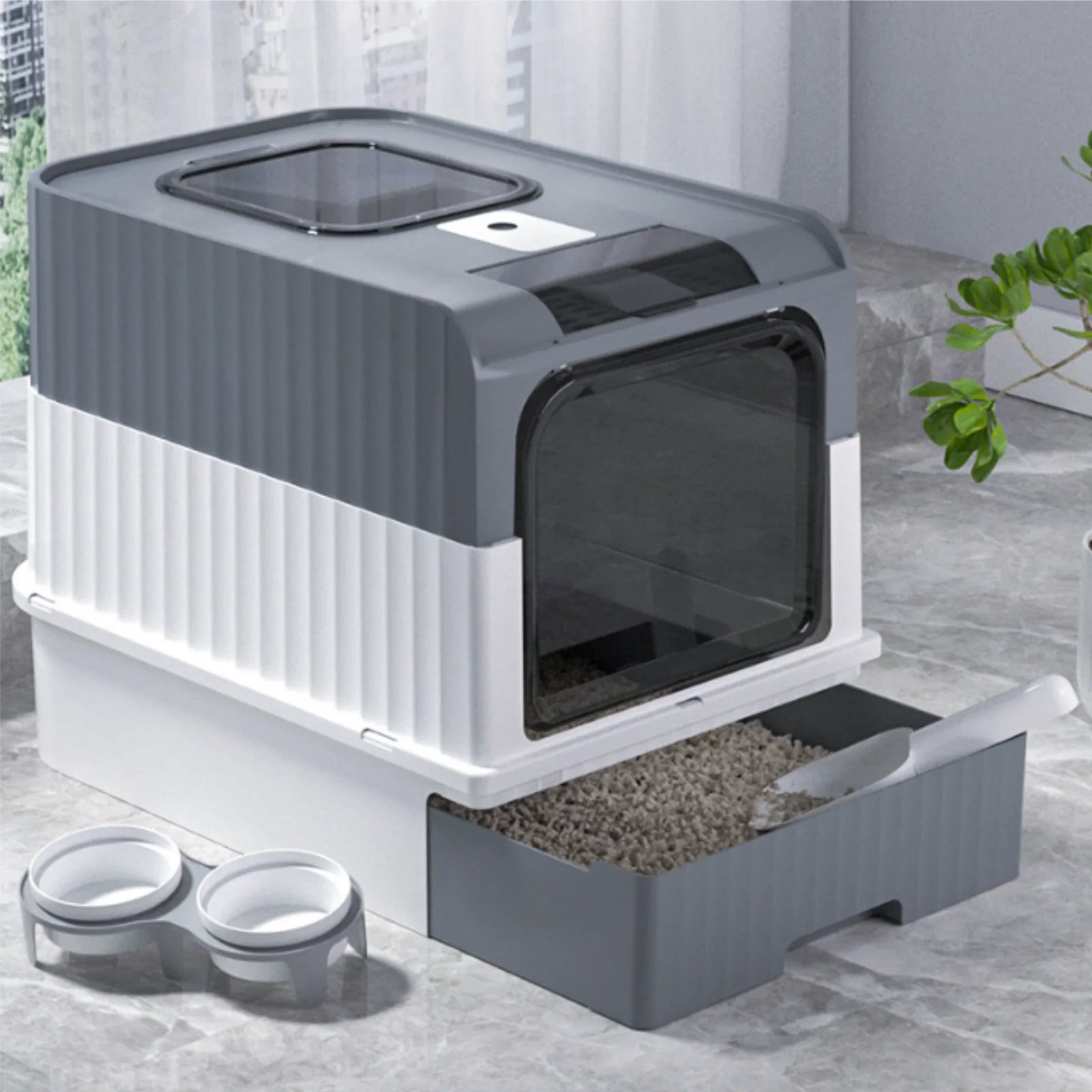 arenero autolimpiable para gatos, con luz UV para desinfección