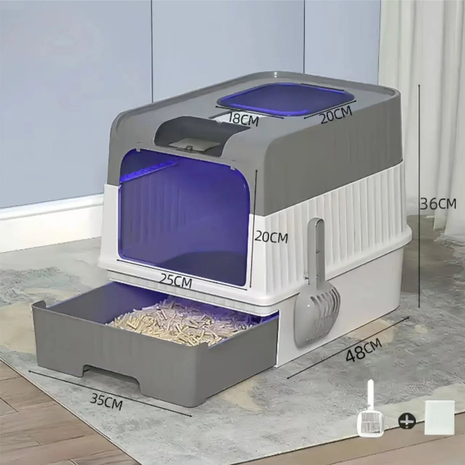 arenero autolimpiable para gatos, con luz UV para desinfección