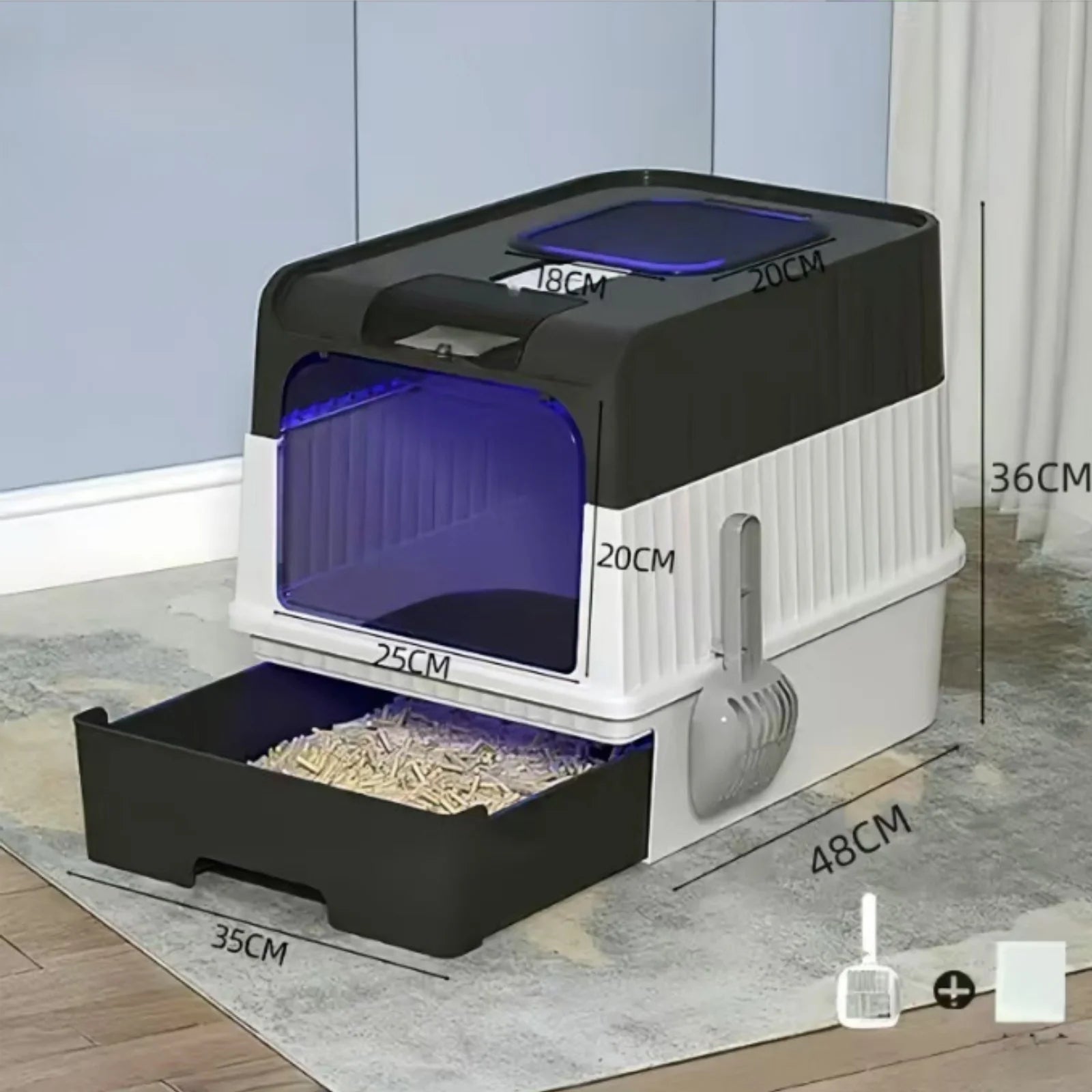 arenero autolimpiable para gatos, con luz UV para desinfección